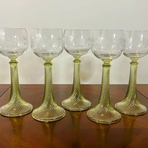 Bohemian Etched Wine Glass with Olive Green Stem, Grape Vines Pattern, Roemer Beehive Stemware, Elegant Dinner Party, Wedding Gift, Liqueur