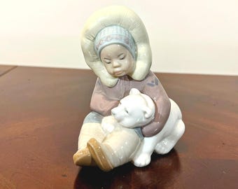 Vintage Lladro Figurine #1195 Eskimo Child with Polar Bear- Children Animal Collectible Gift