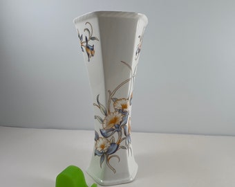Hexagon Floral Vase by Aynsley, Orchids, Bone China, Elegant Home Decor, Botanical, Pastel Colors, Gift, England, Modern Style, Sleek