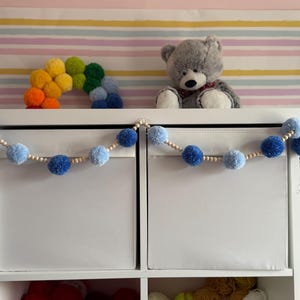 Handmade Blue Wool Pom Pom Wooden Bead Garland | Yarn Bunting | Cute Shelf Room Decor | Party Decoration | Unique Gift Idea | Home Decor