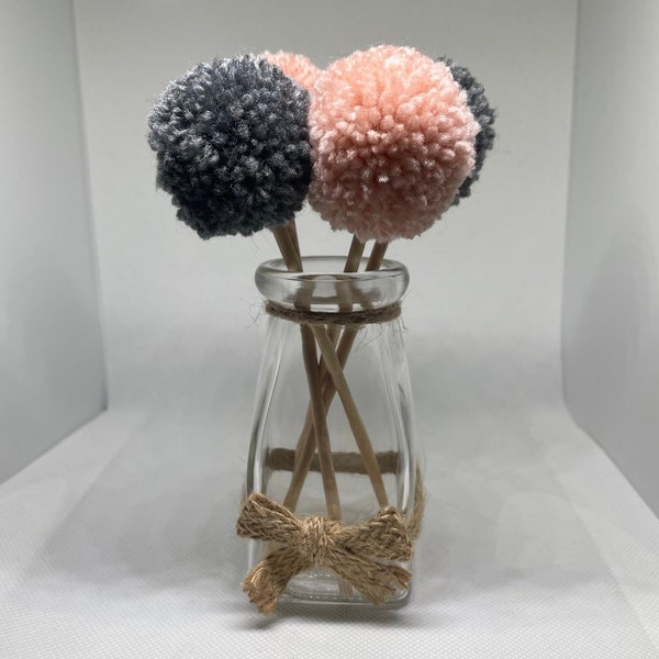 Pom Pom flowers | mini glass vase | Colourful Unique Accessories | Dusty Pink | Grey | Lounge | Bedroom | Home Decor | Boho | Shelf Styling