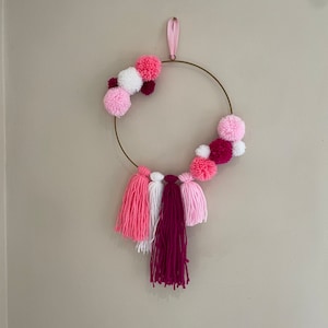 Pom Pom wreath | tassel | Home Decor | Wall Hanging | Pastel | Colourful Home | Baby| Bedroom | Nursery | Playroom | Pink White