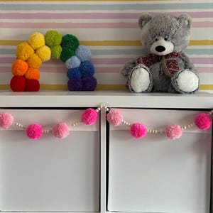 Handmade Pink Wool Pom Pom Wooden Bead Garland | Yarn Bunting | Cute Shelf Room Decor | Party Decoration | Unique Gift Idea | Home Decor