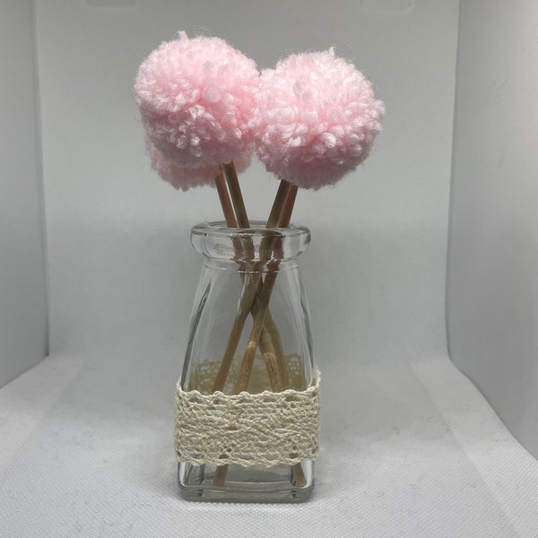 Pom Pom flowers | mini glass vase | Colourful Unique Accessories |Baby Light Pink | Lounge | Bedroom | Home Decor | Boho | Shelf Styling