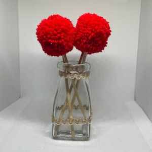 Mini Red Pom Pom Flowers in Glass Vase | Home Shelf Decor | Flower Arrangement | Table Centrepiece | Gift for Home | Unique Gift
