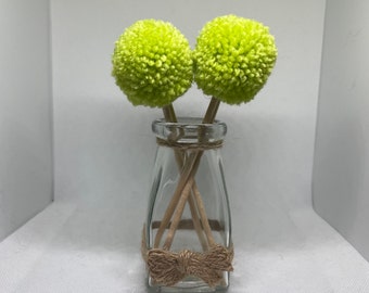 Pom Pom flowers | mini glass vase | Colourful Unique Accessories | Pear Lime Green | Lounge | Bedroom | Home Decor | Boho | Shelf Styling