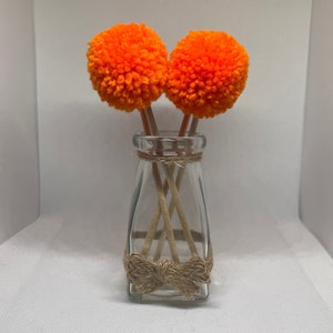 Mini Orange Pom Pom Flowers in Glass Vase | Home Shelf Decor | Flower Arrangement | Table Centrepiece | Gift for Home | Unique Gift