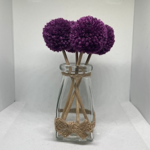 Mini Purple Pom Pom Flowers in Glass Vase | Home Shelf Decor | Flower Arrangement | Table Centrepiece | Gift for Home | Unique Gift