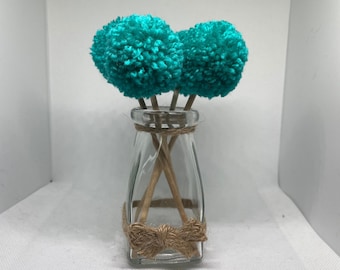 Pom Pom flowers | mini glass vase | Colourful Unique Accessories |Turquoise | Lounge | Bedroom | Home Decor | Boho | Shelf Styling