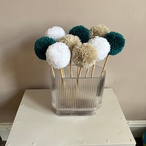 Handmade Pom Pom Flower Bouquet | Colourful Artificial Floral Arrangement | Home Decor Gift | Teal Beige White | Unique Vase Arrangement |