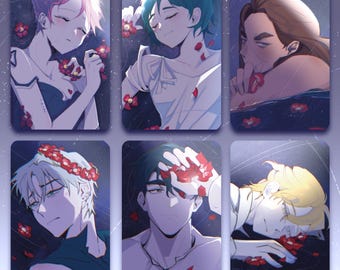May include: Six illustrations of people with different hair colors and styles, each with a crown of red flowers on their head. The illustrations are set against a dark blue background with white stars and streaks of light.