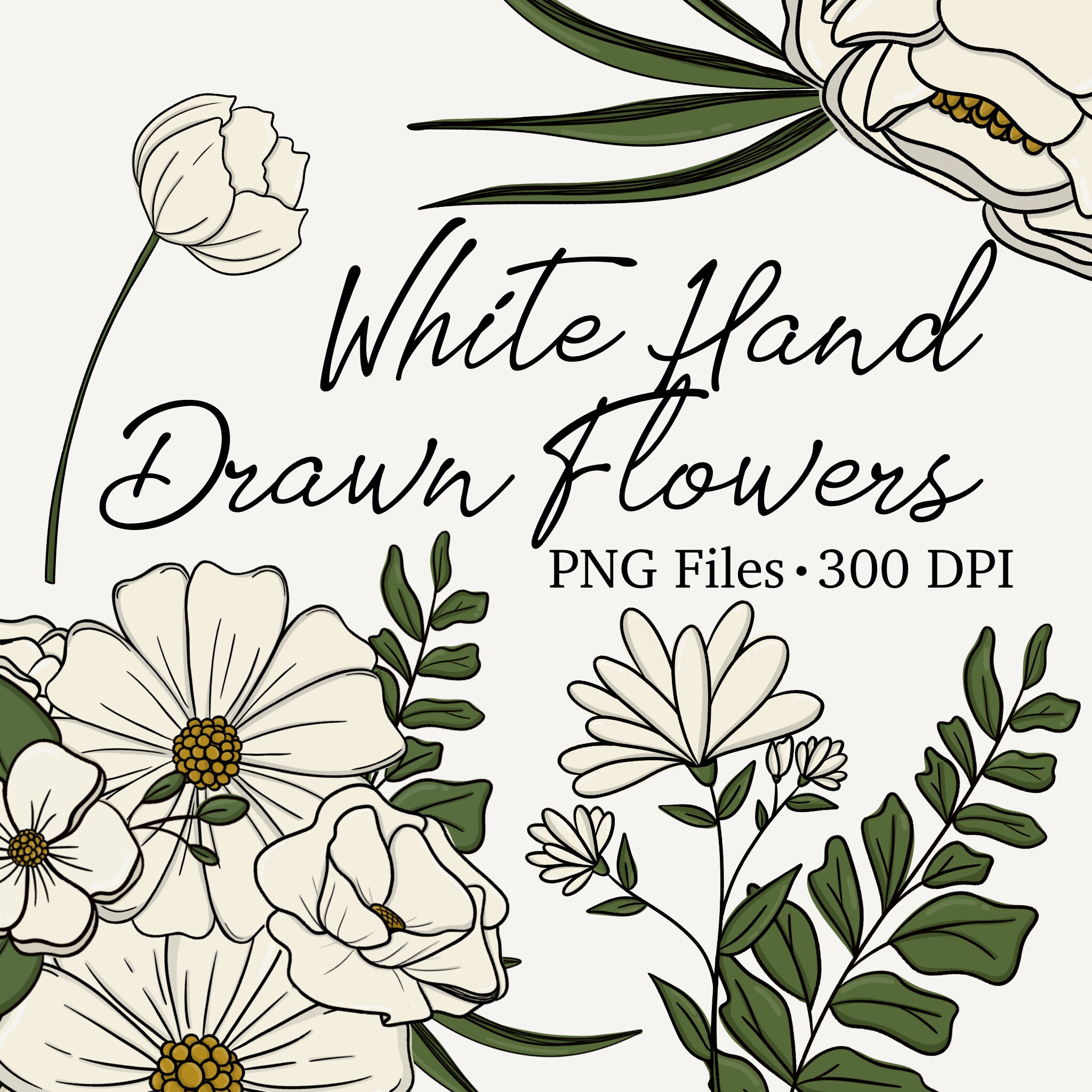 White Hand Drawn Flowers Clip Art/ Flowers PNG Files - Etsy