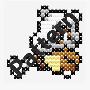 May include: Cross stitch pattern of a brown and white dog with a yellow collar. The dog is sitting on its hind legs with its front paws raised.