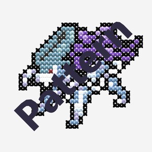 Könnte beinhalten: Ein Pixel-Art-Muster einer lila und blauen Kreatur mit schwarzen und weißen Akzenten. Die Kreatur hat einen langen Schwanz und vier Beine.