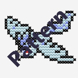 May include: A cross stitch pattern featuring a blue and white butterfly design with black outlines. The pattern is labeled "Pattern" in a dark blue font.