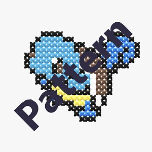 May include: A pixel art cross stitch pattern of a blue and brown bee with yellow stripes. The bee is facing the right side of the image.