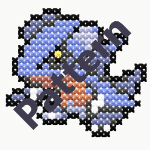 May include: A cross-stitch pattern featuring a stylized creature in shades of blue, orange, black, and yellow. The word "pattern" is overlaid on the design. The design is on a white background.