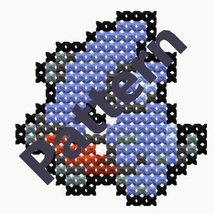 May include: A cross-stitch design in a pixelated style, depicting a creature in blue, black, grey, and red. The word "pattern" is overlaid in dark purple. The background is white.