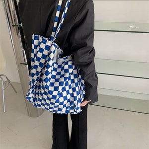 Isla Checkered Canvas Shoulder Tote Bag (available in Black and Blue)