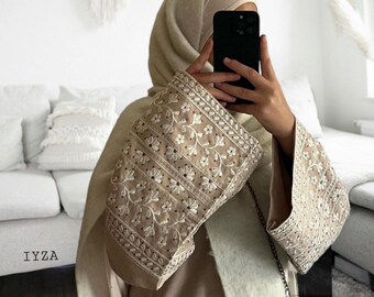 Light cream linen embroidery Abaya