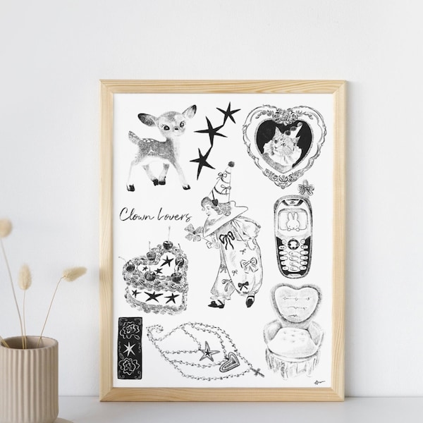 Vintage Clown Lovers tattoo flash sheet Print