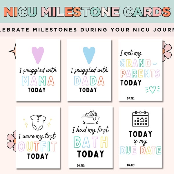 NICU Milestone Cards, Nicu Photo Prop Cards, Nicu crib cards, Preemie Milestones for Boy or Girl, Printable Cards for Hospital, Preemie Baby