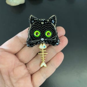 Handmade Black Cat Brooch, Cute Cat Brooch, Funny Pin, Animal Brooch, For Cat Lovers, Elegant Cat, Luxury Cat Brooch, Sophisticated Style