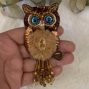 Handmade Brown Owl Brooch, Exclusive Brooch, Embroidered Owl Pin, Special Design, Animal Accessory, Cute Owl Bird, Vintage Owl Brooch