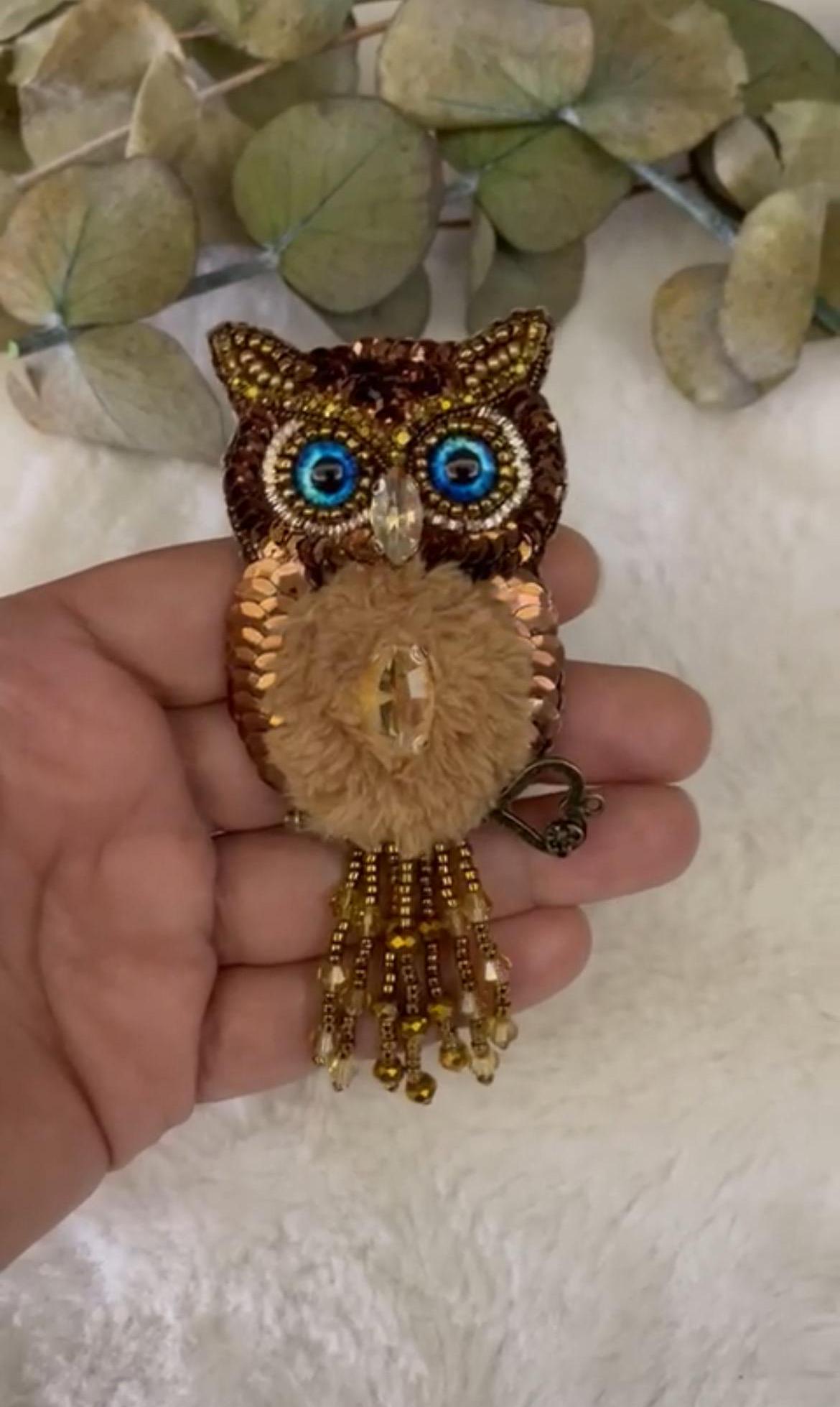 Handmade Brown Owl Brooch, Exclusive Brooch, Embroidered Owl Pin, Special Design, Animal Accessory, Cute Owl Bird, Vintage Owl Brooch