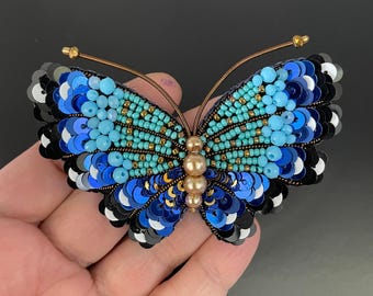 Blue Butterfly Brooch, Embroidered Brooch, Gift For Mom, Personalized Design, Handmade Sequins Brooch, Collar Accessory, Animal Jewellery