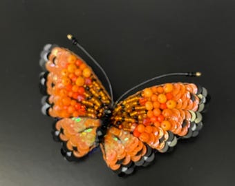Orange Butterfly Brooch, Embroidered Brooch, Gift For Mom, Personalized Design, Handmade Sequins Brooch, Collar Accessory, Animal Jewellery