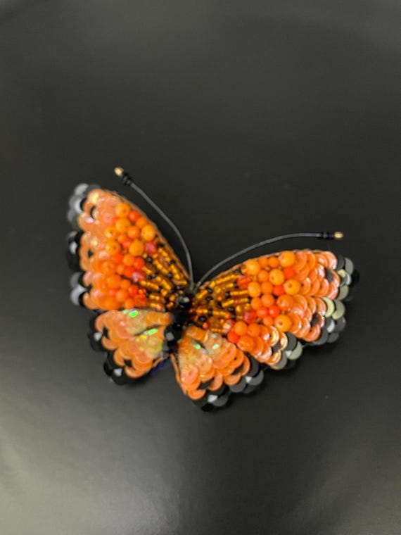 Orange Butterfly Brooch, Embroidered Brooch, Gift For Mom, Personalized Design, Handmade Sequins Brooch, Collar Accessory, Animal Jewellery