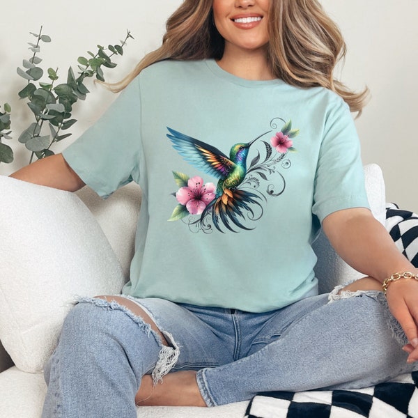 Floral Hummingbird T Shirt For Mom Sister, Bird Lover Gift For Friend, Spring Wildflower Bird Watcher Shirt, Bird Nerd Tee For Women