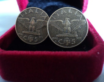 coordinated cufflinks and jacket pin 5 cents empire 1940s lapel shirt man husband gift Italy coin Cufflinks made in Italy