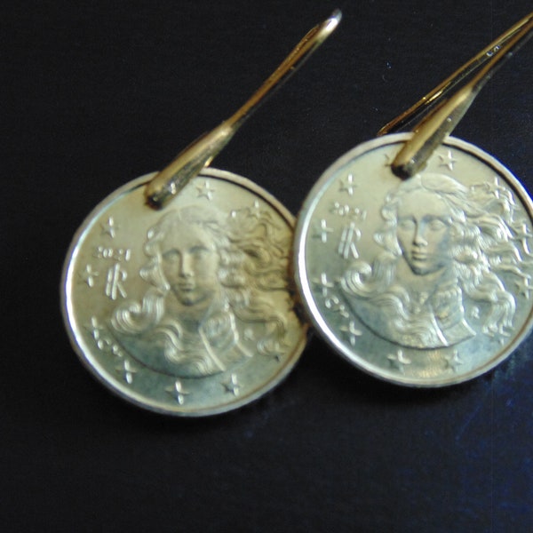 boucles d'oreilles pièce authentique pièce de 10 centimes d'euro 2021 la naissance de Vénus Sandro Botticelli Florence Italie - Made in Italy