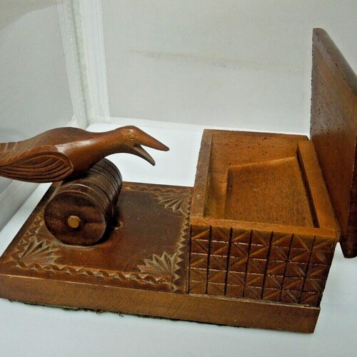 wooden cigarette box with bird Vintage Novelty Mid Century Mechanical Dispenser Woodpecker and Effect Wood duck cigarette dispenser mechanical