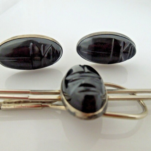 r468 Vintage Carved Black Onyx Mayan Tribal Face Sterling Silver Cufflinks and Tie Pin