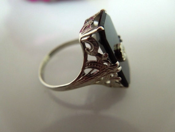 r759 14kt White Gold Onyx Filigree Ring Size - image 4