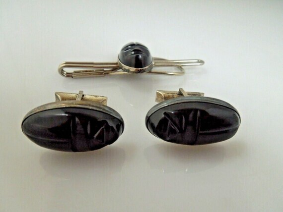 r468 Vintage Carved Black Onyx Mayan Tribal Face … - image 2