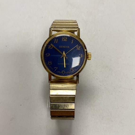 r830 Vintage Geneva Men Gold Blue Dial Stretch Ba… - image 3