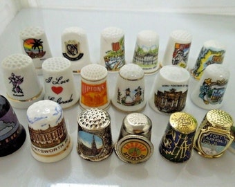 20 Vintage Porcelain Sewing Decorative Thimbles Geographic Town Collection  Blue Black White in Wooden Display Case Shelf Holder Gift Idea 