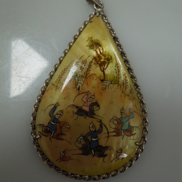 r532 Vintage Persian Hand Painted Mother of Pearl Shell Pendant Horses Hunting Scene