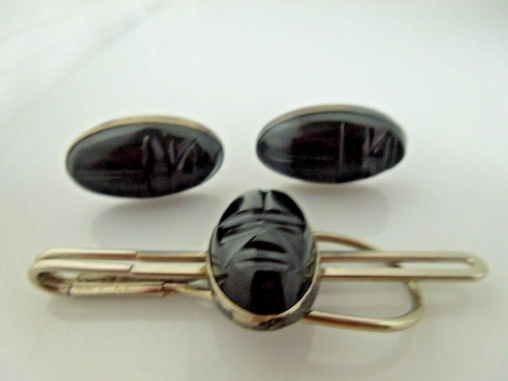 r468 Vintage Carved Black Onyx Mayan Tribal Face … - image 6