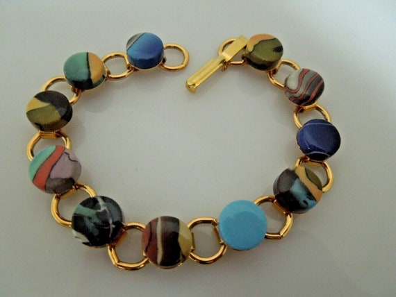 r655 Vintage Gold tone Multicolor Enamel Bracelet… - image 2