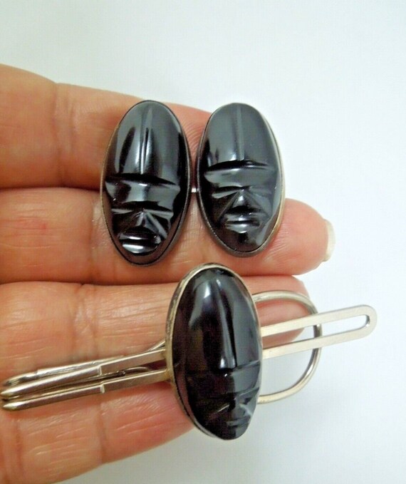 r468 Vintage Carved Black Onyx Mayan Tribal Face … - image 4