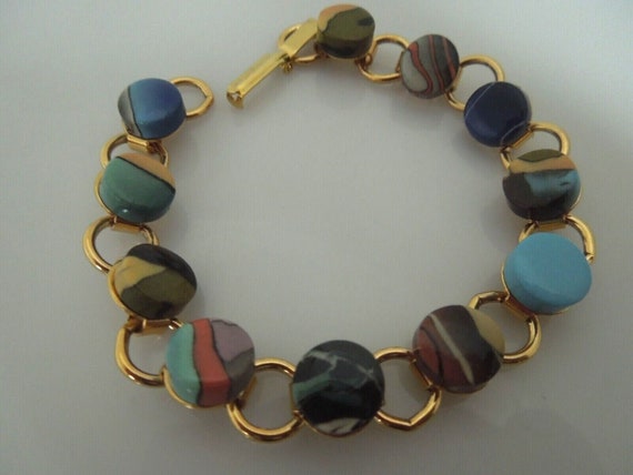 r655 Vintage Gold tone Multicolor Enamel Bracelet… - image 1