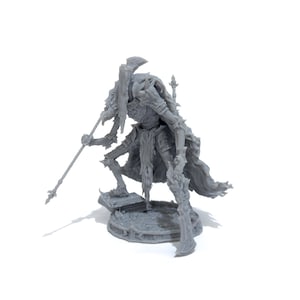 May include: A gray 3D printed miniature of a skeletal figure with a large axe and a spear, standing on a circular base.