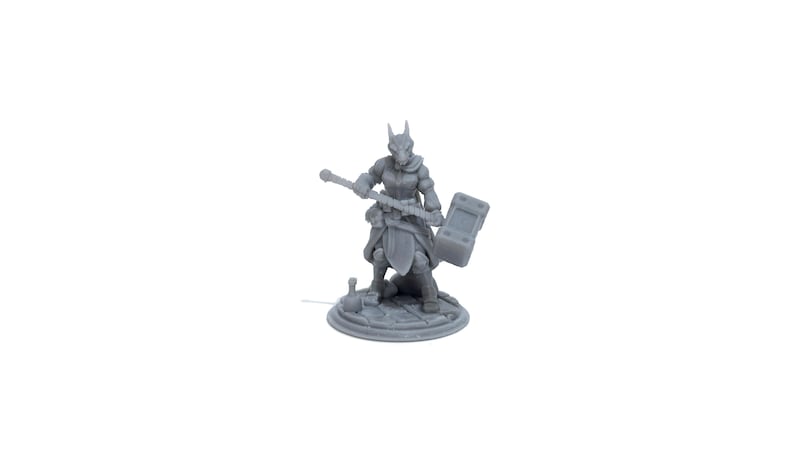 May include: A gray 3D printed miniature of a female humanoid figure with a fox head, holding a weapon and a shield. The figure is standing on a circular base.
