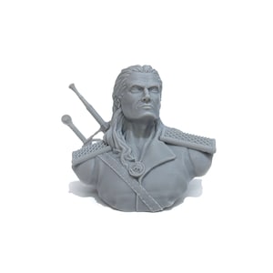May include: A gray 3D printed bust of a man with long hair and a beard. He is wearing a leather jacket and has two swords strapped to his back.