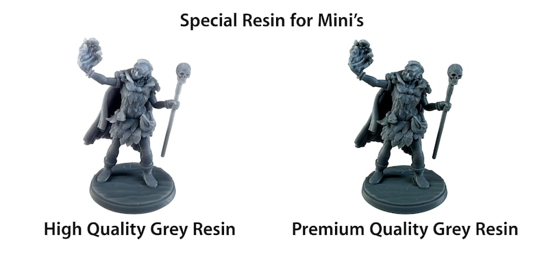 May include: Two 3D printed miniature figures of a wizard holding a skull staff and a severed head. The figure on the left is printed in high quality grey resin, while the figure on the right is printed in premium quality grey resin. "Special Resin for Mini's" is written at the top of the image.